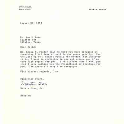 Letter to David Read from Martin Dies Sr August 26, 1959
