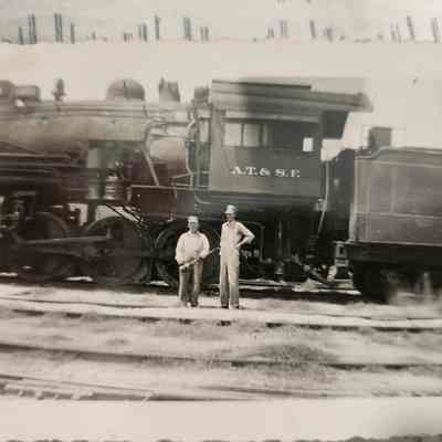 Photo of AT & SF Steam Engine with Workers C D Brown and Doug Wilson, Fireman