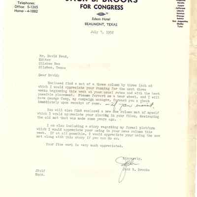 Letter to David Read from Jack Brooks July 7, 1952