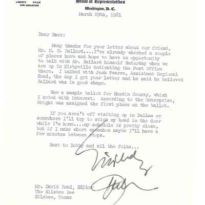Letter to David Read from Jack Brooks March 29, 1961