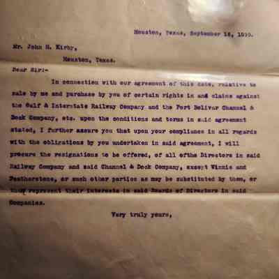 Letter from A H Pierce to John Henry Kirby dated September 16, 1899 concerning Gulf & Interstate Railway Co and Port Bolivar Channel & Dock Co