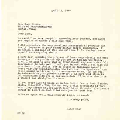 Letter to Jack Brooks from David Read April 11, 1949