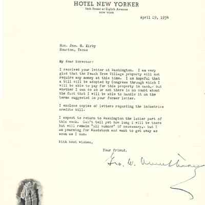 Letter to John H Kirby from George W Armstrong dated April 29, 1934