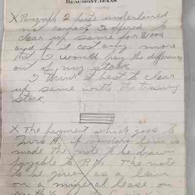 Handwritten notes regarding Higgins property in Texas Banking & Investment Company letterhead, unknown writer, no date, multiple pages still together
