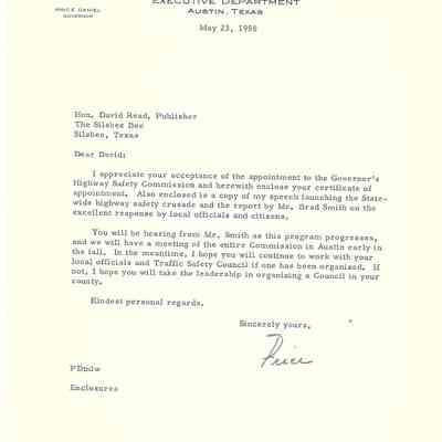 Letter to David Read from Govenor Price Daniel May 23, 1958