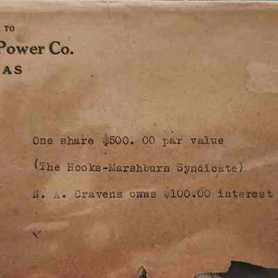 Envelope from Silsbee Ice, Light & Power Co - Contained one Share $500 par value Hooks-Marshburn Syndicate