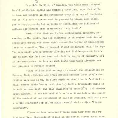 Article about Various Speeches given by John Henry Kirby related to War Debts and Buying Friendship