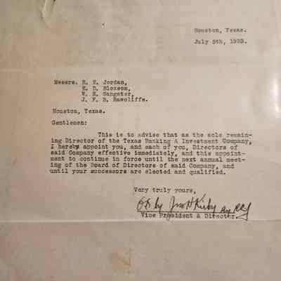 Letter from John Henry Kirby to R E Jordan, E D Bloxsom, W N Sangster, and J F B Rawcliffe dated July 5, 1922 naming them as Directors of Texas Banking & Investment Co