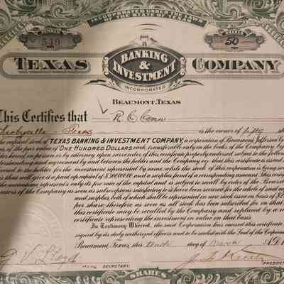 Texas Banking & Investment Company Capital Stock issued to R C Conn - $100