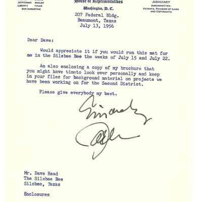 Letter to David Read from Jack Brooks July 13, 1956