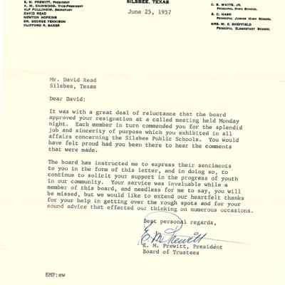 Letter to David Read from E M Prewitt Silsbee Public Schools June 25, 1957