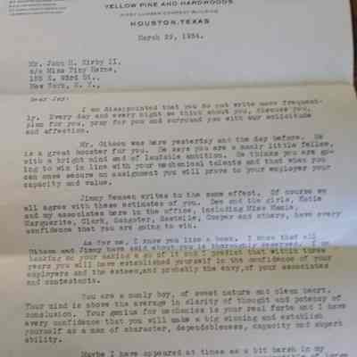 Letter to John H Kirby II (Jay) from John Henry Kirby dated March 29, 1934