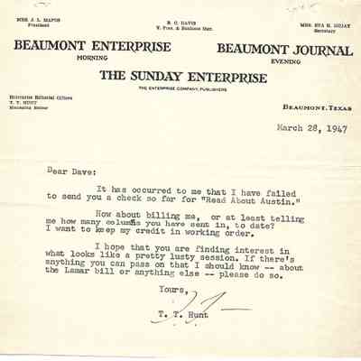 Letter to David Read from T T Hunt Beaumont Enterprise March 28, 1947