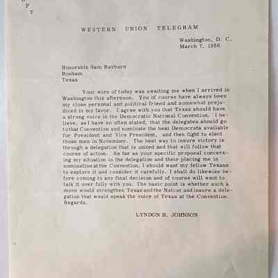 Copy of Western Union Telegram to Honorable Sam Rayburn dated March 7, 1956