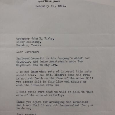 Letter to John H Kirby from George Armstrong dated February 10, 1937 concerning Notes due