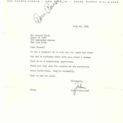 Letter to Howard Black from John Sutherland July 20, 1954 - David Read Materials