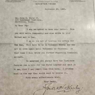 Letter to John H Kirby II (Jay) from John Henry Kirby dated September 20, 1930