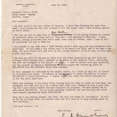 Letter to John H Kirby from George W Armstrong dated July 15, 1938