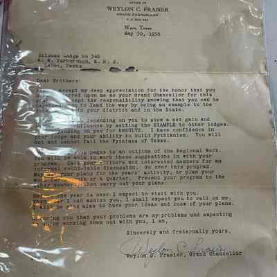 Letter to A W Yarbrough Silsbee Lodge 348 from Grand Chancellor Fraiser 5/30/1938