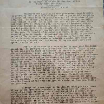 Letter to John H Kirby presenting Silver Service Set for his 63rd Birthday November 16,1923 from various friends