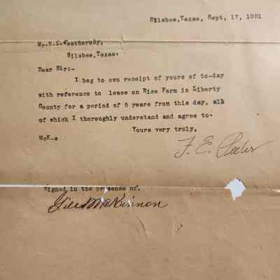 Letter to R L Weathersby from F E Peeler dated September 17, 1921 concerning lease of Rice Farm