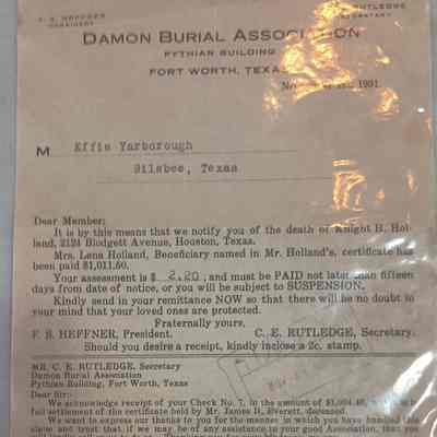 2 copies of letter to Effie Yarborough dated November 1, 1931 regarding the death of Knight H. Holbrookfeom Damian Burial Association