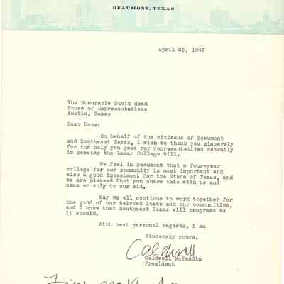 Letter to David Read from Caldwell McFaddin April 25, 1947