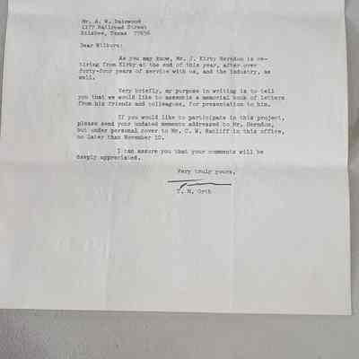 Letter to AW Dainwood from TM Orth dated October 3, 1969 regarding J. Kirby Herndon retiring from Kirby Lumber Corporation