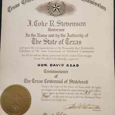 Texas Centennial of Statehood Commission - David Read Commissioner November 27, 1945