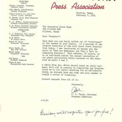 Letter to David Read from Abe B Penny February 7, 1951