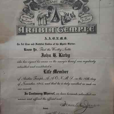 Life Time Membership of the Arabia Temple of the Shrine for John H Kirby