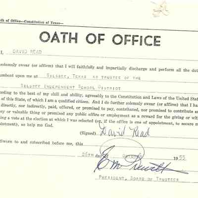 Oath of Office for David Read to SISD Board of Trustees October 26,1955