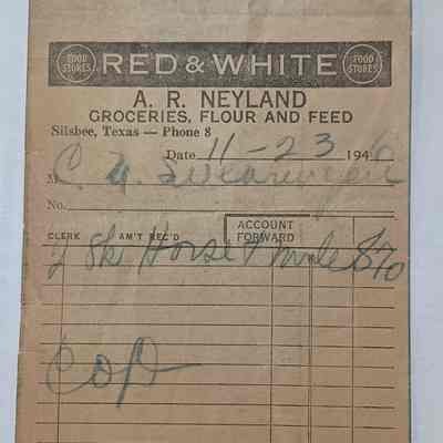 Receipt from AR Neyland - Goceries, Flour and Feed -dated November 2,1946 to C.W. Swearingen - "horse and mule"