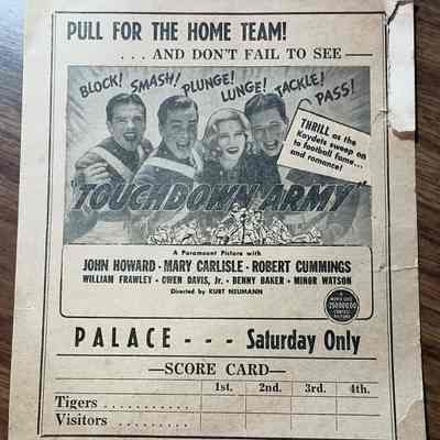 Scorecard - Palace Theater - Touchdown Army movie showing - assume from late 1930s as donated by Eddie Van Winkle