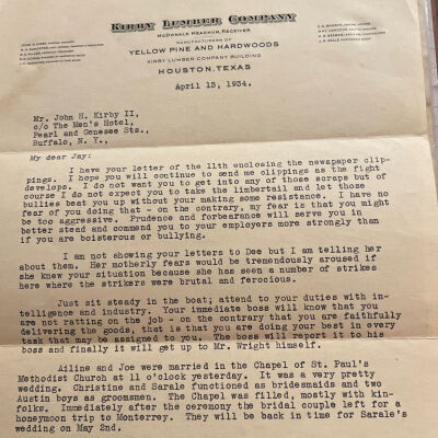Letter to John Henry Kirby II (Jay) from John Henry Kirby dated April 13, 1934