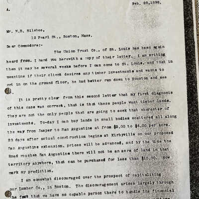 Letter to Nathaniel Silsbee from John H Kirby dated February 28, 1898 concerning purchase of school lands from The Union Trust Co