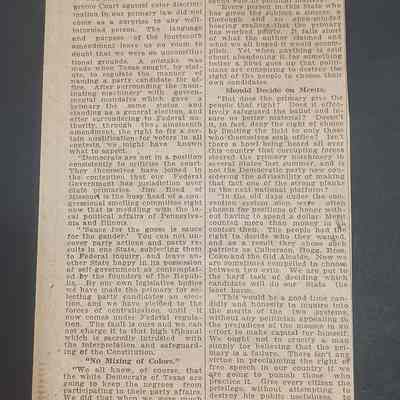 Newspaper article from the Dallas Morning News dated Sunday, January 29, 1928 about "Question of which is better, Primary or Convention" per Kirby