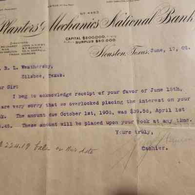Receipt from Planters Mechanics National Bank to R L Weathersby dated June 17, 1907 concerning interest to be added to account