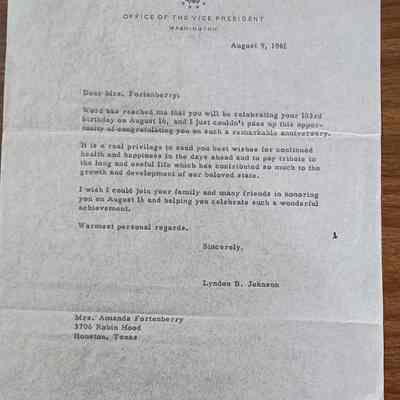Letter from Lyndon B Johnson, Office of the Vice President, to Mrs Amanda Fortenberry dated August 9, 1961