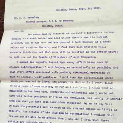 Letter to H S Spangler from John Henry Kirby dated September 16, 1899