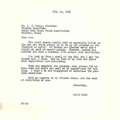 Letter to A B Penny from David Read February 24, 1951