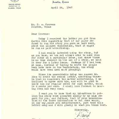 Letter to N A Cravens from David Read April 24, 1947