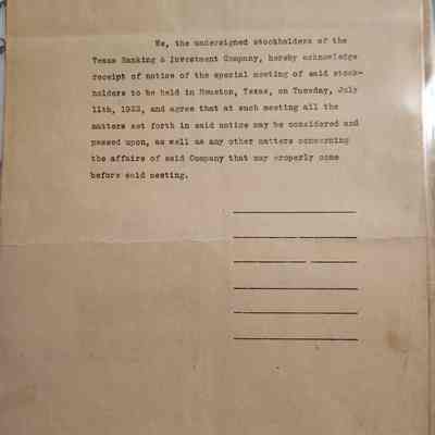 Notice of Special Meeting of Stockholders of Texas Banking & Investment Co Dated July 6, 1922