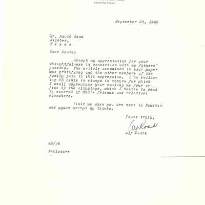 Letter to David Read from Alf Roark September 20, 1949