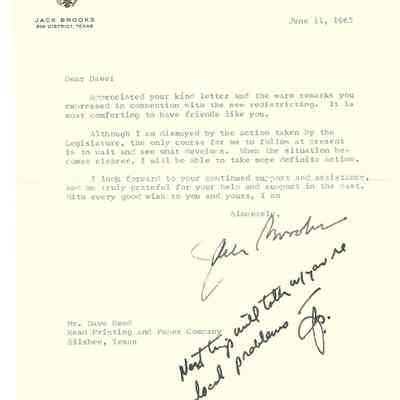Letter to David Read from Jack Brooks June 11, 1965