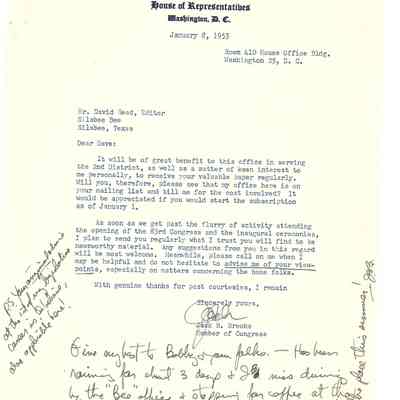 Letter to David Read from Jack Brooks January 8, 1953