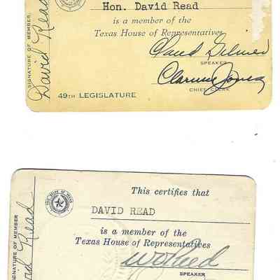 Membership Cards for David Read Certifing Member of the Texas House of Representatives 49th Legislature and 50th Legislature