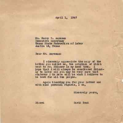Letter to Harry Acreman from David Read April 1, 1947 with Copy of Letter from Harry Acreman to E C Skinner March 31, 1947