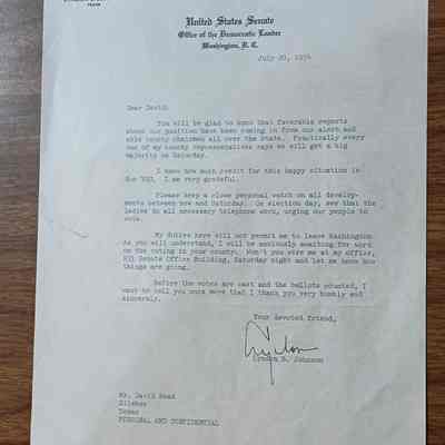 Letter to David Read dated July 20, 1954 from Lyndon B Johnson while in the US Senate