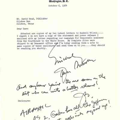 Letter to David Read from Jack Brooks October 6, 1964 with 2 enclosed copies of letters to Haskell Wilson